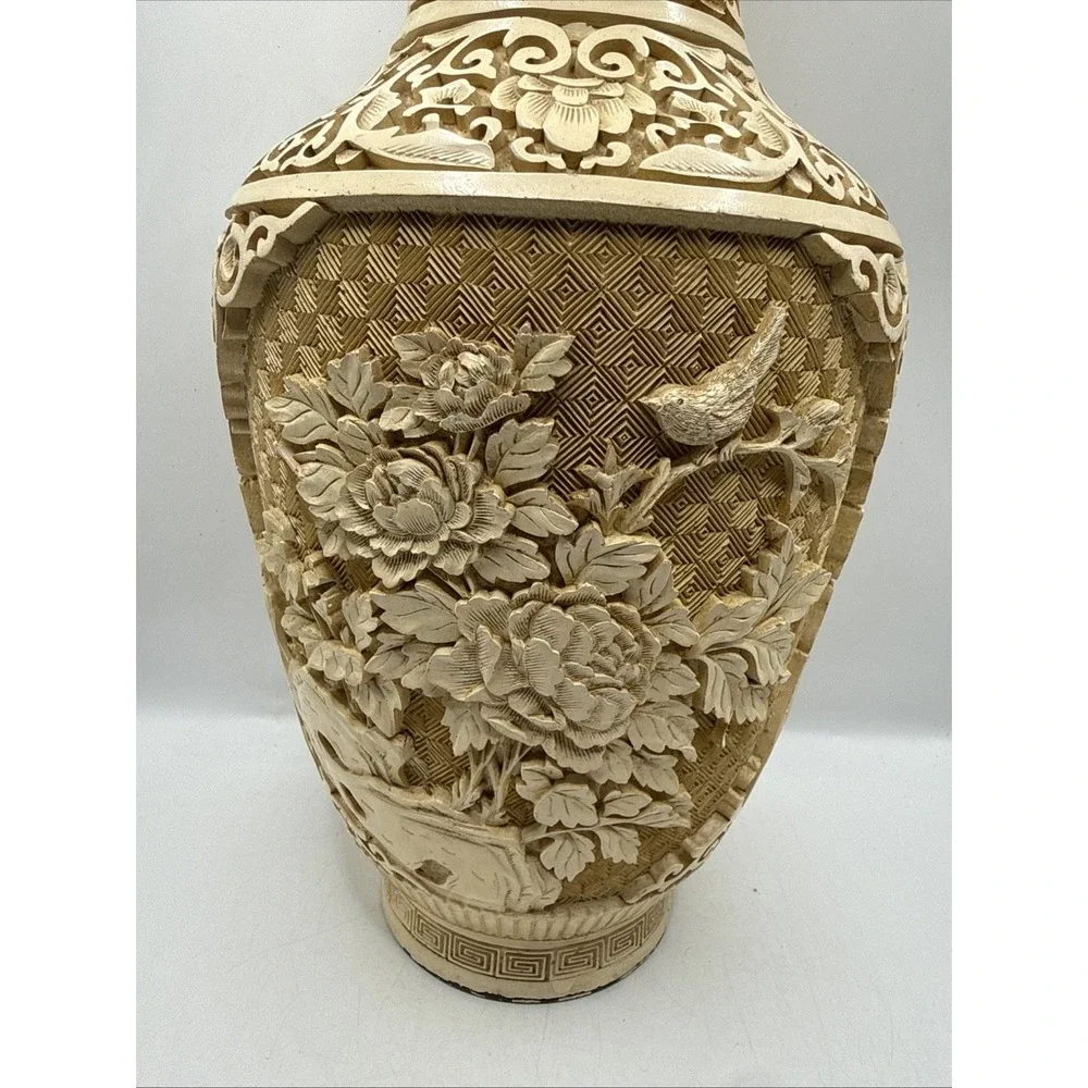 Vintage Mandarin Resin Carved Vase Layered 3D Flowers Floral Birds 12.5